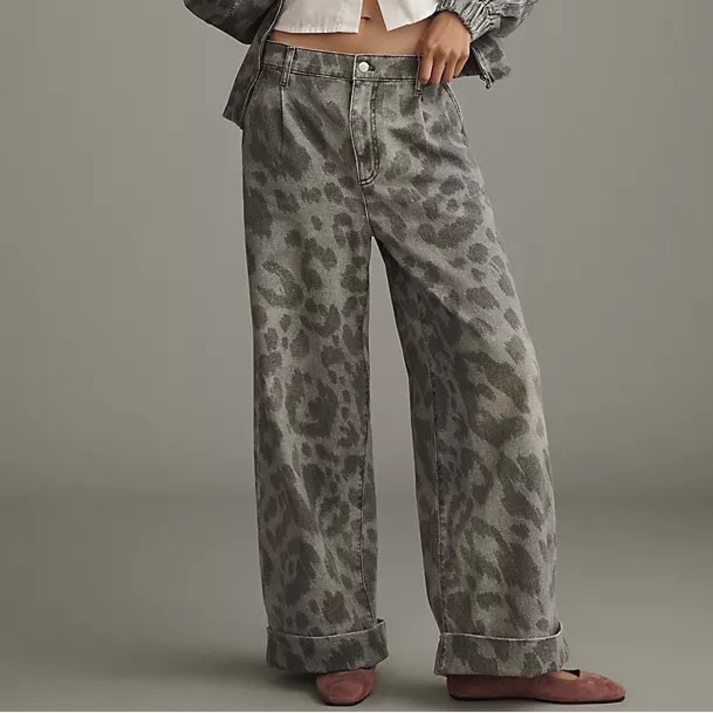 Pilcro Leon Double Hem Barrel Jeans Leopard Animal Print High Rise Wide Leg 27